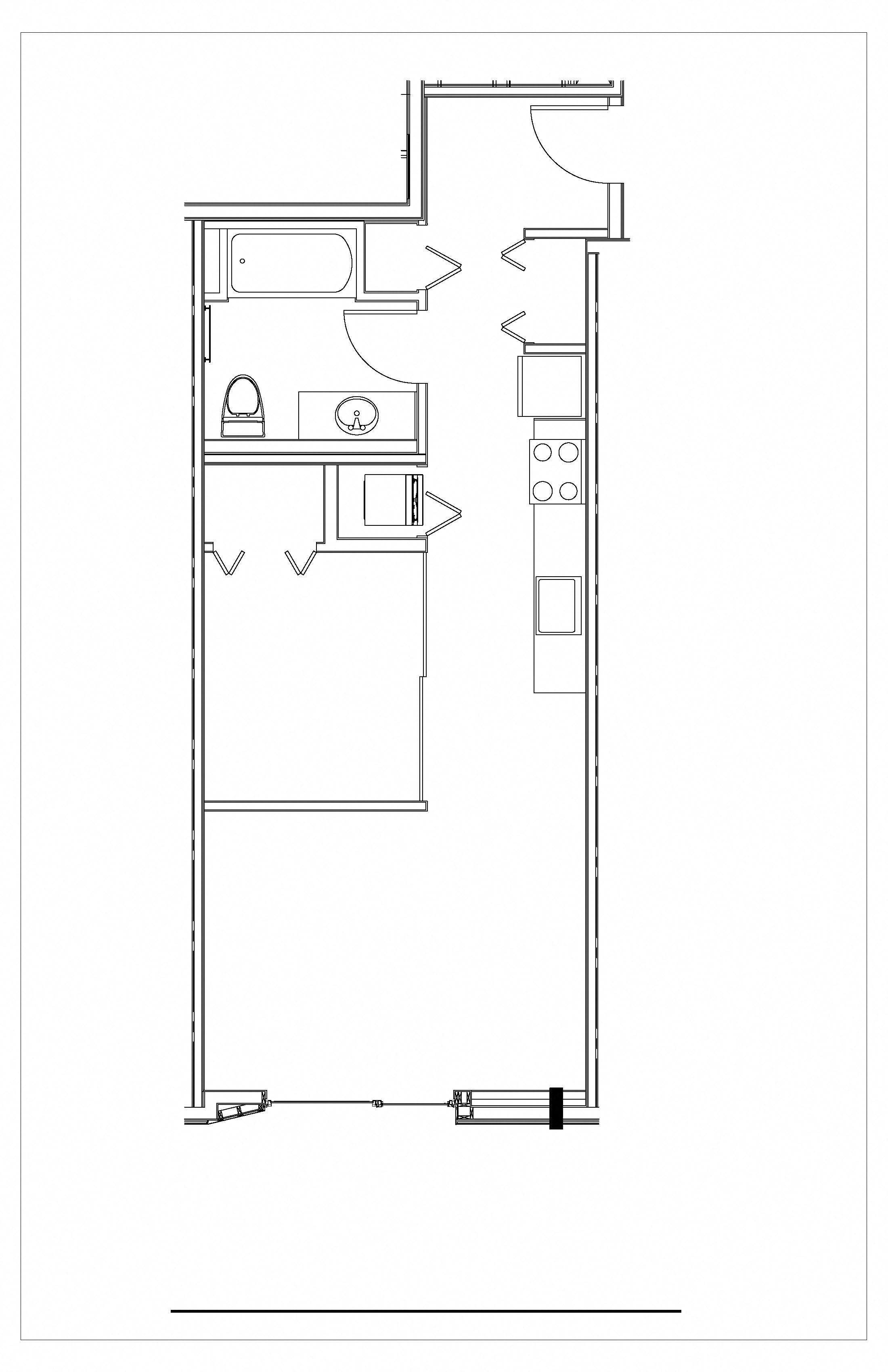 Floor plan for 1 bed, 1 bath, 579 sqft